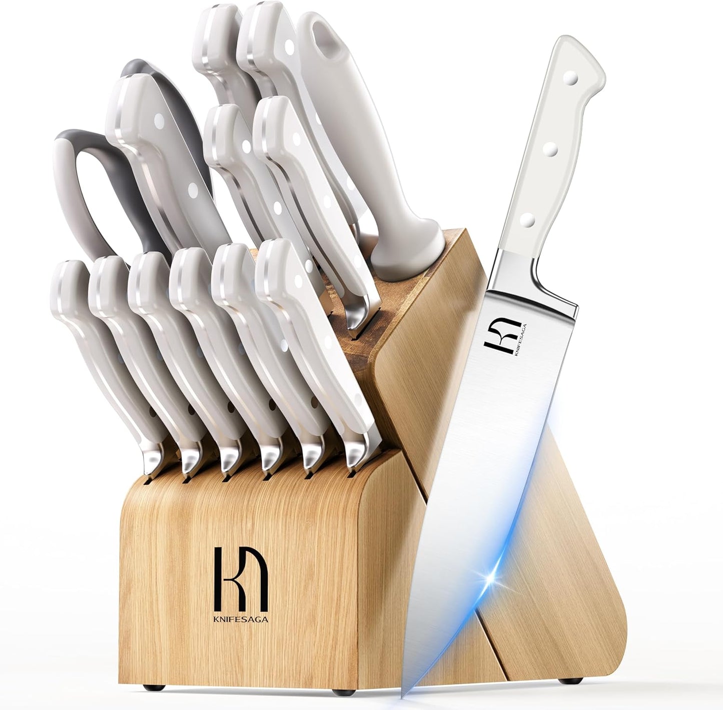 KnifeSaga Knife Set, 15 Pcs Kitchen Knife Block Set, Enduring Razor-Sharp Japanese High Carbon Stainless Steel Chef Knife Set with Block and Sharpener, Premium Black Knives Set for Kitchen