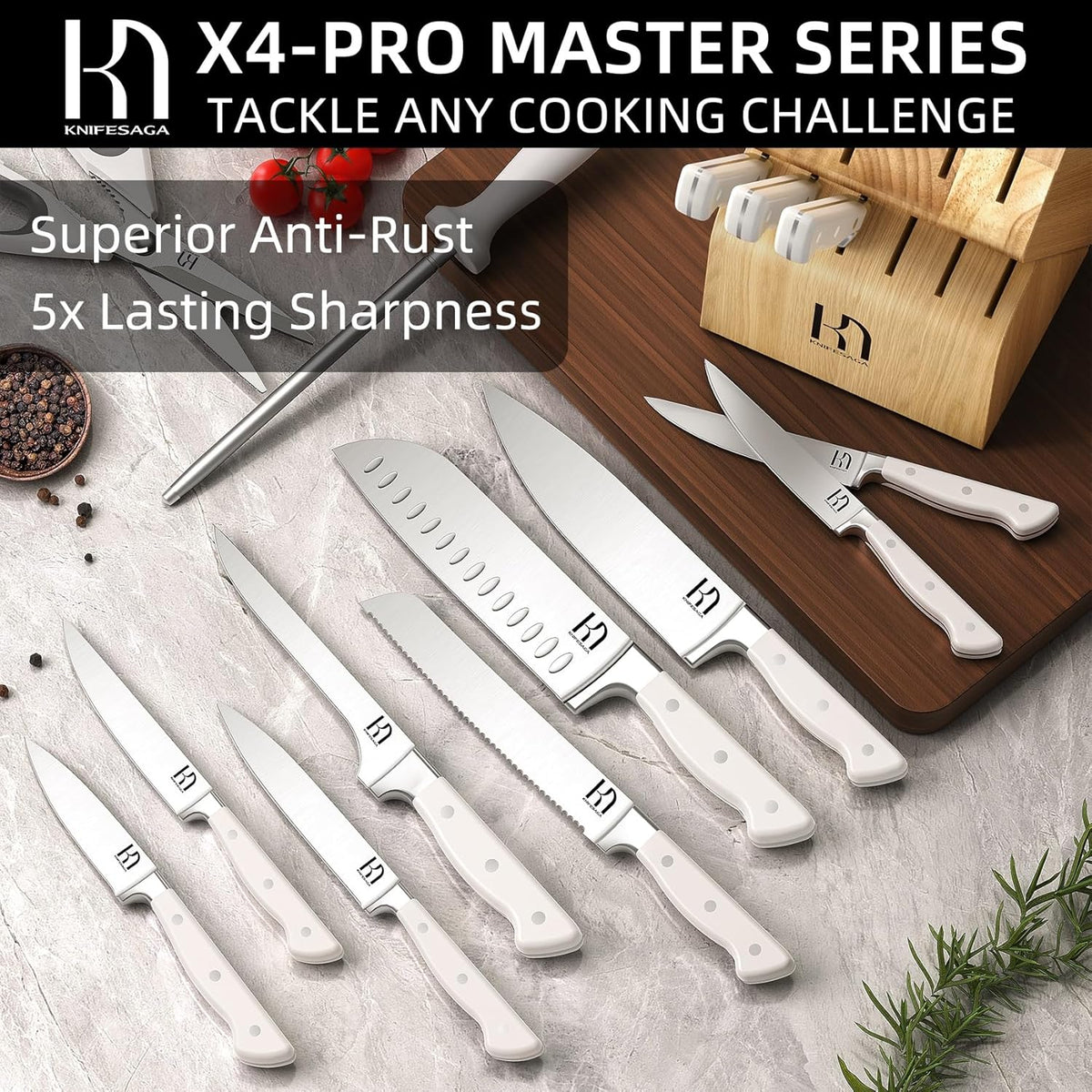 KnifeSaga Knife Set, 15 Pcs Kitchen Knife Block Set, Enduring Razor-Sharp Japanese High Carbon Stainless Steel Chef Knife Set with Block and Sharpener, Premium Black Knives Set for Kitchen