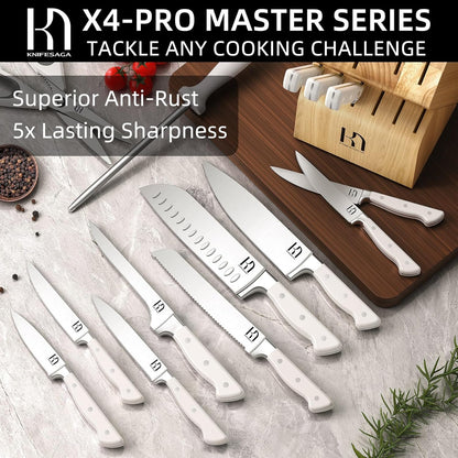KnifeSaga Knife Set, 15 Pcs Kitchen Knife Block Set, Enduring Razor-Sharp Japanese High Carbon Stainless Steel Chef Knife Set with Block and Sharpener, Premium Black Knives Set for Kitchen