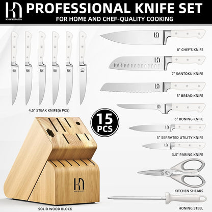 KnifeSaga Knife Set, 15 Pcs Kitchen Knife Block Set, Enduring Razor-Sharp Japanese High Carbon Stainless Steel Chef Knife Set with Block and Sharpener, Premium Black Knives Set for Kitchen