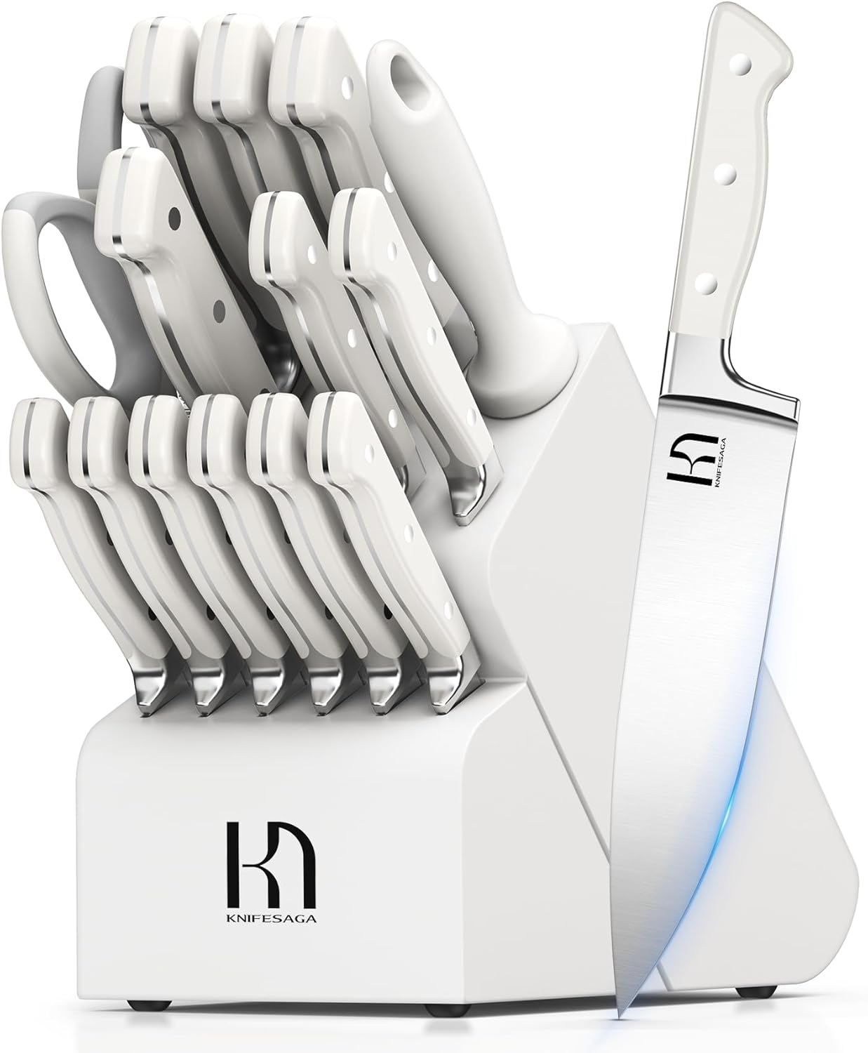 KnifeSaga Knife Set, 15 Pcs Kitchen Knife Block Set, Enduring Razor-Sharp Japanese High Carbon Stainless Steel Chef Knife Set with Block and Sharpener, Premium Black Knives Set for Kitchen