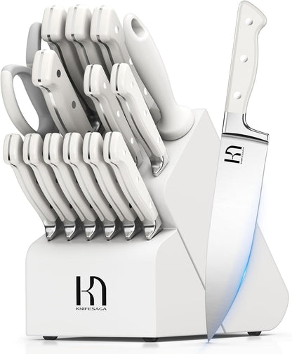 KnifeSaga Knife Set, 15 Pcs Kitchen Knife Block Set, Enduring Razor-Sharp Japanese High Carbon Stainless Steel Chef Knife Set with Block and Sharpener, Premium Black Knives Set for Kitchen