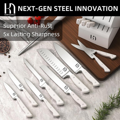 KnifeSaga Knife Set, 15 Pcs Kitchen Knife Block Set, Enduring Razor-Sharp Japanese High Carbon Stainless Steel Chef Knife Set with Block and Sharpener, Premium Black Knives Set for Kitchen