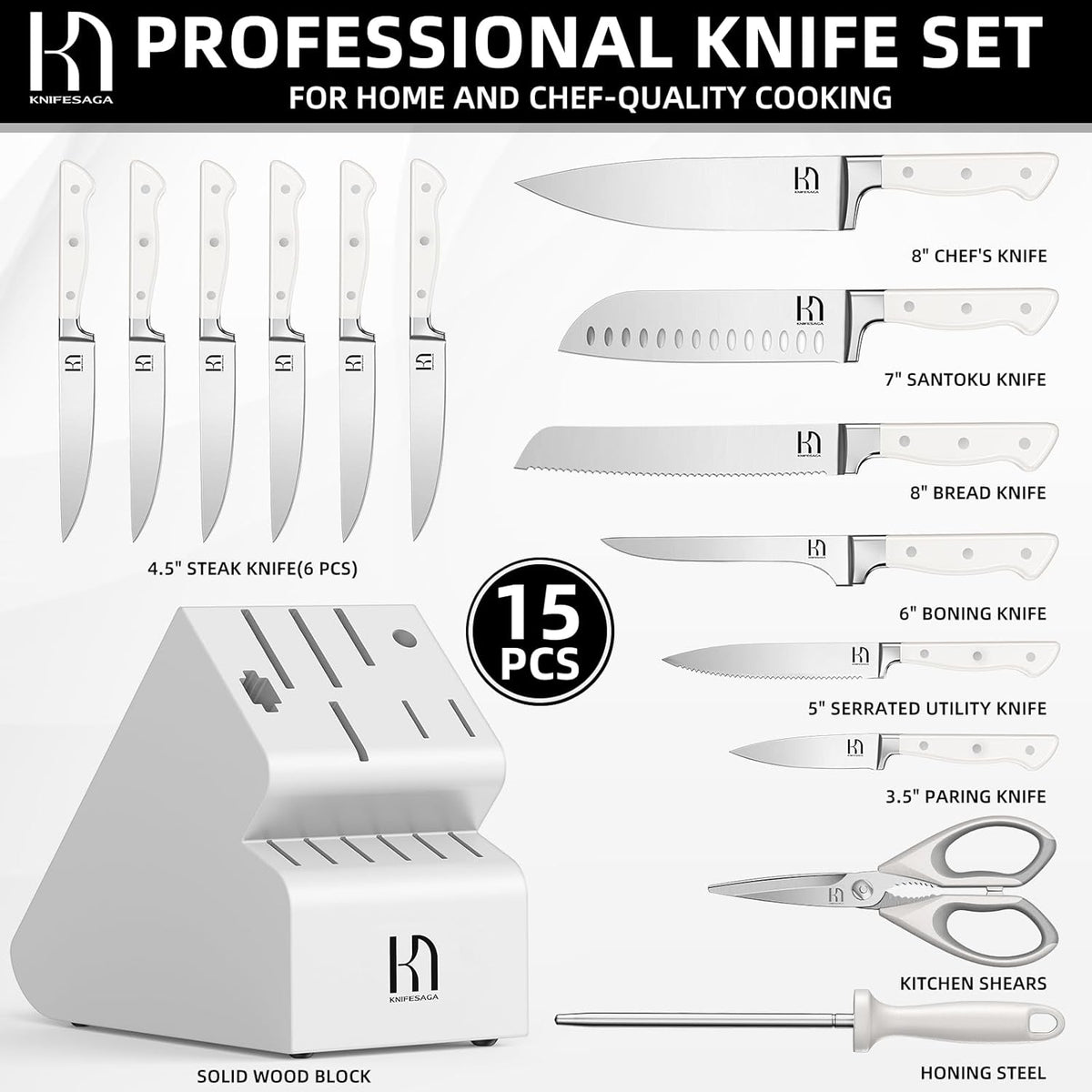 KnifeSaga Knife Set, 15 Pcs Kitchen Knife Block Set, Enduring Razor-Sharp Japanese High Carbon Stainless Steel Chef Knife Set with Block and Sharpener, Premium Black Knives Set for Kitchen