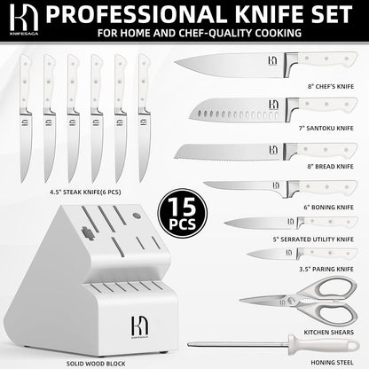 KnifeSaga Knife Set, 15 Pcs Kitchen Knife Block Set, Enduring Razor-Sharp Japanese High Carbon Stainless Steel Chef Knife Set with Block and Sharpener, Premium Black Knives Set for Kitchen