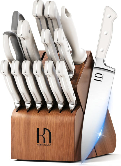 KnifeSaga Knife Set, 15 Pcs Kitchen Knife Block Set, Enduring Razor-Sharp Japanese High Carbon Stainless Steel Chef Knife Set with Block and Sharpener, Premium Black Knives Set for Kitchen