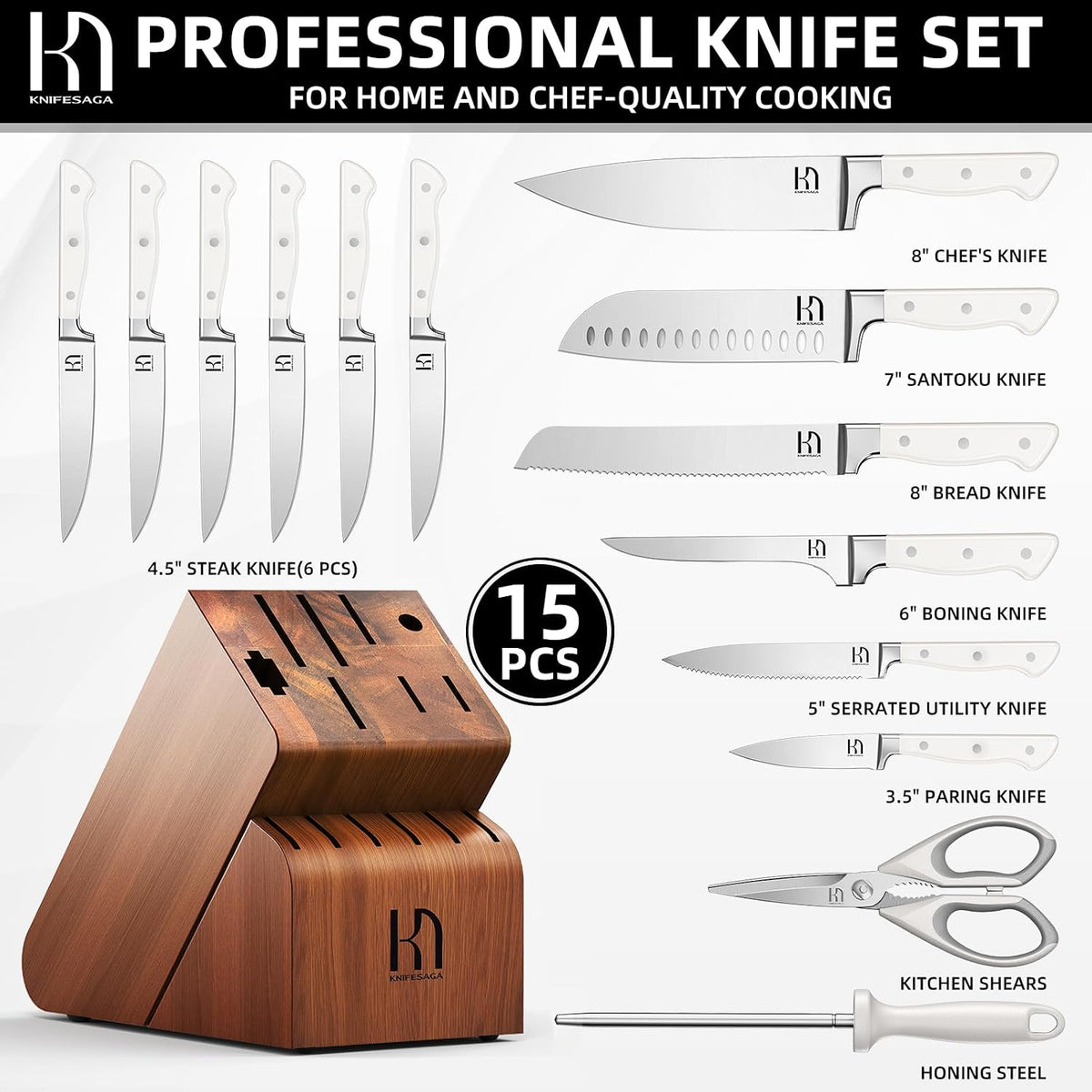KnifeSaga Knife Set, 15 Pcs Kitchen Knife Block Set, Enduring Razor-Sharp Japanese High Carbon Stainless Steel Chef Knife Set with Block and Sharpener, Premium Black Knives Set for Kitchen