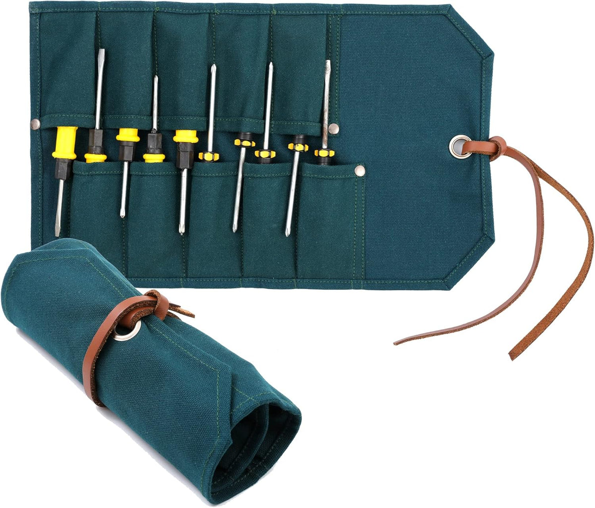 Multi-Function Chisel Roll, Heavy Duty 16oz Waxed Canvas Tool Storage Bag, Sturdy Tool Carrier with 10 Slots for Chisel Wrench Screwdriver | Dark Green