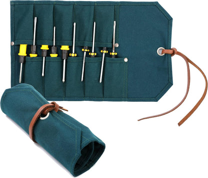 Multi-Function Chisel Roll, Heavy Duty 16oz Waxed Canvas Tool Storage Bag, Sturdy Tool Carrier with 10 Slots for Chisel Wrench Screwdriver | Dark Green