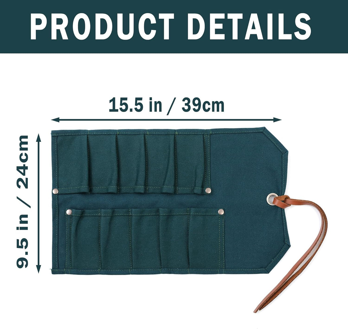 Multi-Function Chisel Roll, Heavy Duty 16oz Waxed Canvas Tool Storage Bag, Sturdy Tool Carrier with 10 Slots for Chisel Wrench Screwdriver | Dark Green