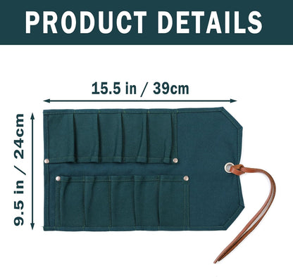 Multi-Function Chisel Roll, Heavy Duty 16oz Waxed Canvas Tool Storage Bag, Sturdy Tool Carrier with 10 Slots for Chisel Wrench Screwdriver | Dark Green