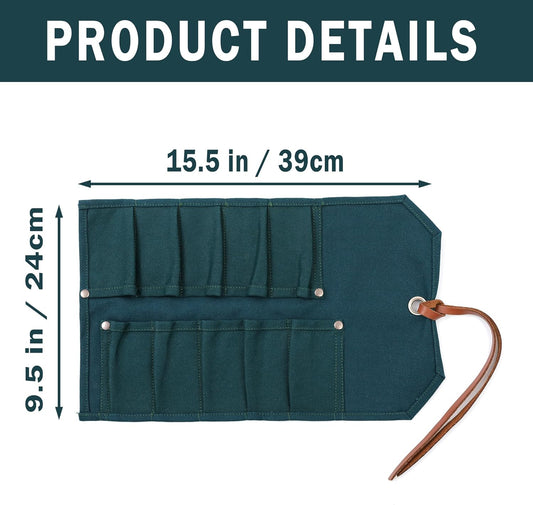 Multi-Function Chisel Roll, Heavy Duty 16oz Waxed Canvas Tool Storage Bag, Sturdy Tool Carrier with 10 Slots for Chisel Wrench Screwdriver | Dark Green