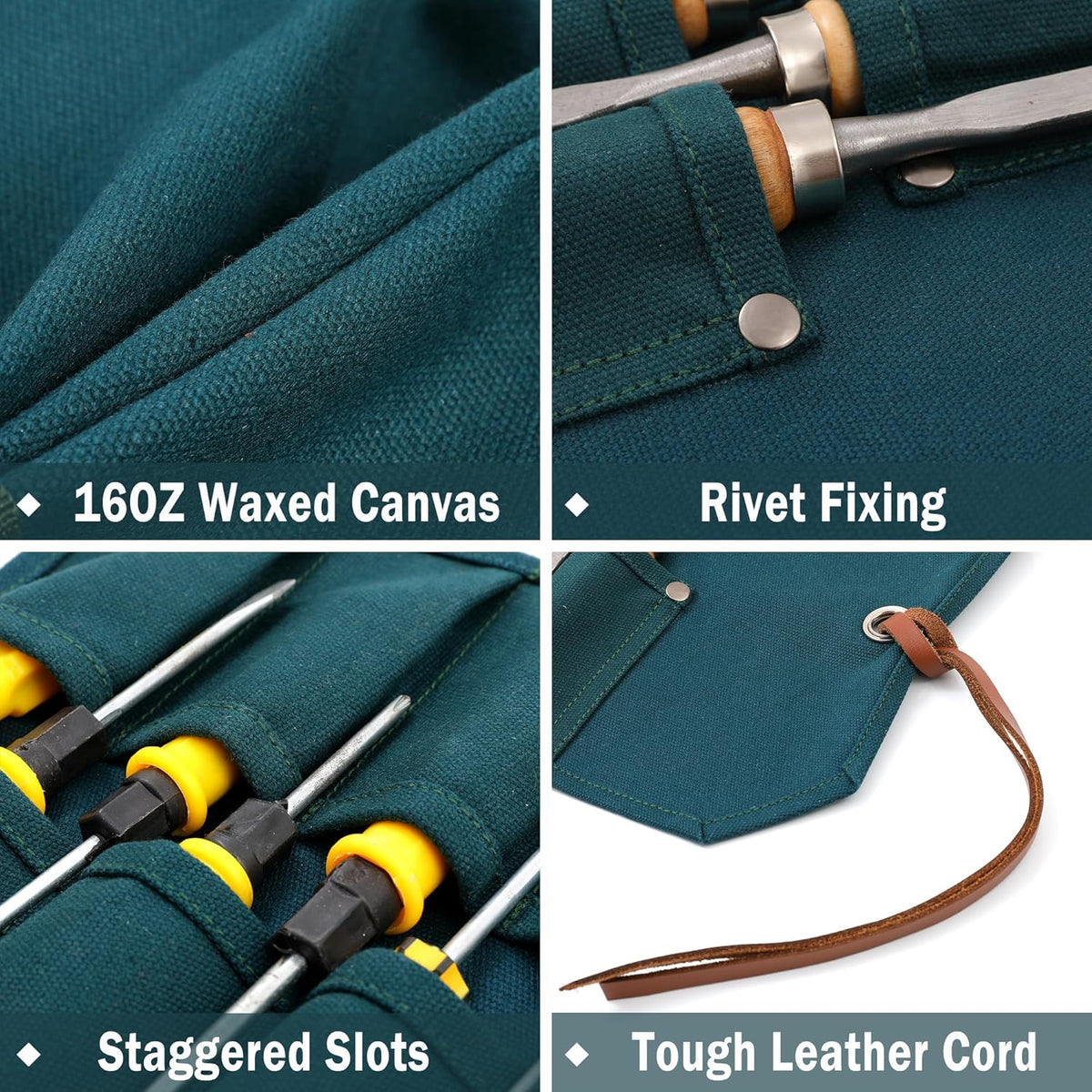Multi-Function Chisel Roll, Heavy Duty 16oz Waxed Canvas Tool Storage Bag, Sturdy Tool Carrier with 10 Slots for Chisel Wrench Screwdriver | Dark Green
