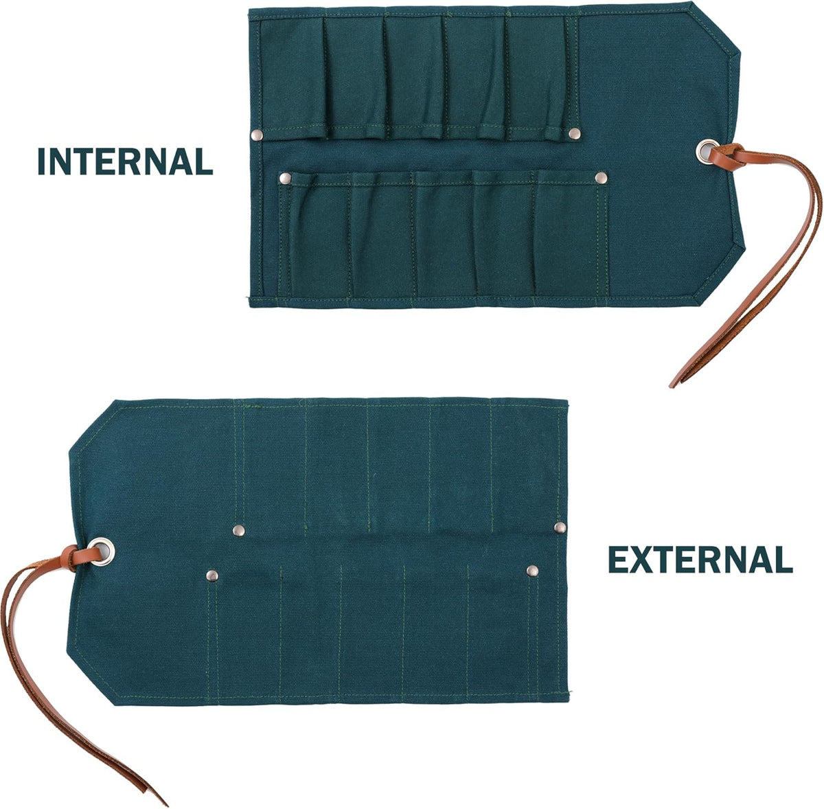 Multi-Function Chisel Roll, Heavy Duty 16oz Waxed Canvas Tool Storage Bag, Sturdy Tool Carrier with 10 Slots for Chisel Wrench Screwdriver | Dark Green