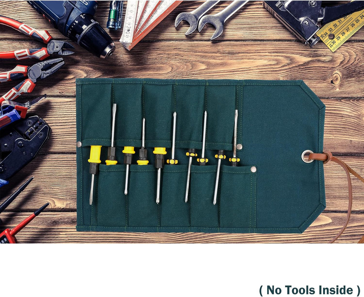 Multi-Function Chisel Roll, Heavy Duty 16oz Waxed Canvas Tool Storage Bag, Sturdy Tool Carrier with 10 Slots for Chisel Wrench Screwdriver | Dark Green