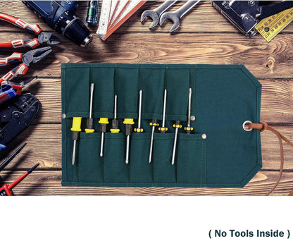 Multi-Function Chisel Roll, Heavy Duty 16oz Waxed Canvas Tool Storage Bag, Sturdy Tool Carrier with 10 Slots for Chisel Wrench Screwdriver | Dark Green
