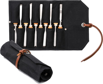 Multi-Function Chisel Roll, Heavy Duty 16oz Waxed Canvas Tool Storage Bag, Sturdy Tool Carrier with 10 Slots for Chisel Wrench Screwdriver | Dark Green