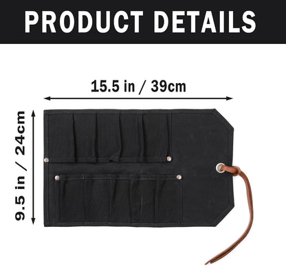 Multi-Function Chisel Roll, Heavy Duty 16oz Waxed Canvas Tool Storage Bag, Sturdy Tool Carrier with 10 Slots for Chisel Wrench Screwdriver | Dark Green