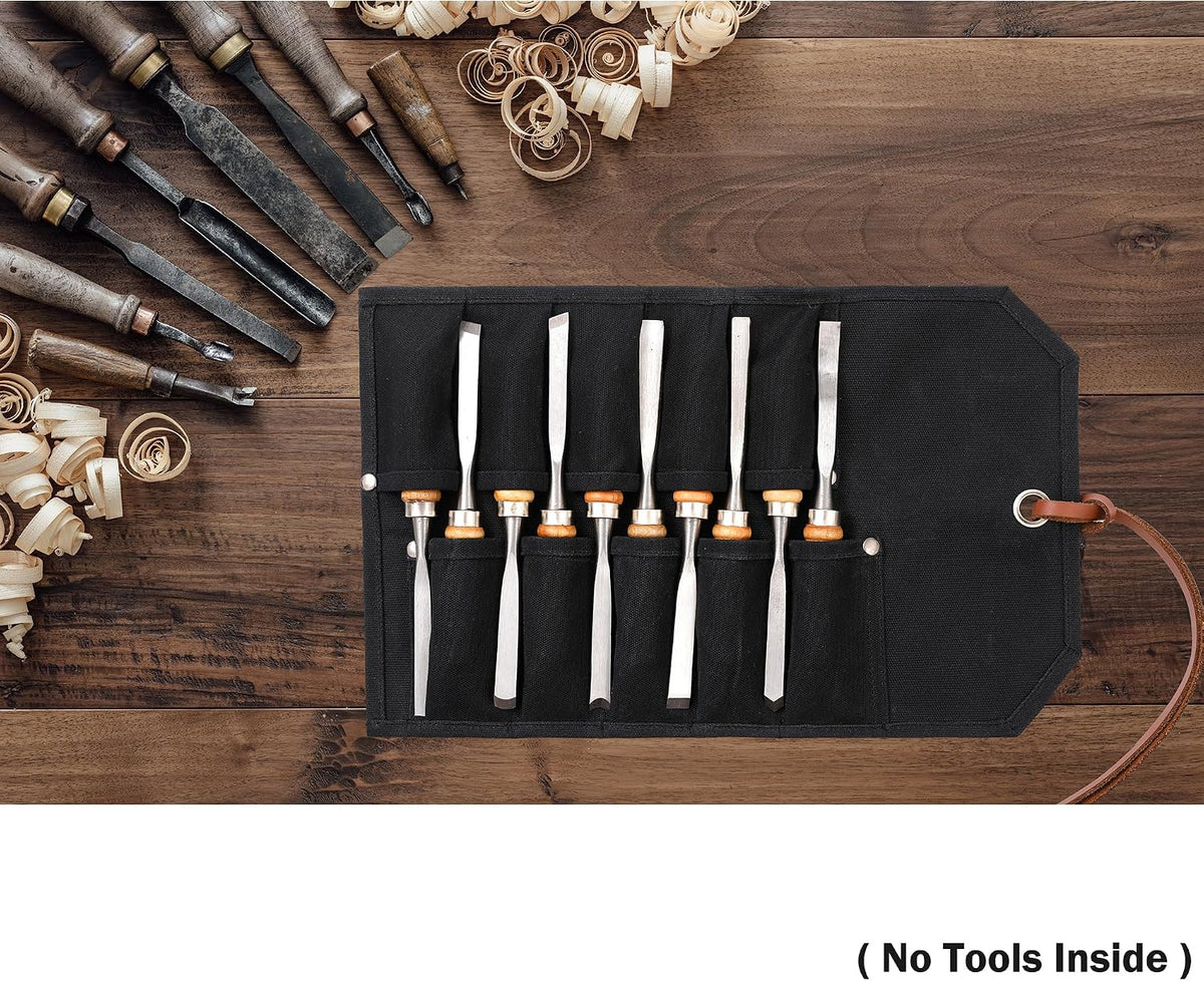 Multi-Function Chisel Roll, Heavy Duty 16oz Waxed Canvas Tool Storage Bag, Sturdy Tool Carrier with 10 Slots for Chisel Wrench Screwdriver | Dark Green