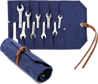 Multi-Function Chisel Roll, Heavy Duty 16oz Waxed Canvas Tool Storage Bag, Sturdy Tool Carrier with 10 Slots for Chisel Wrench Screwdriver | Dark Green