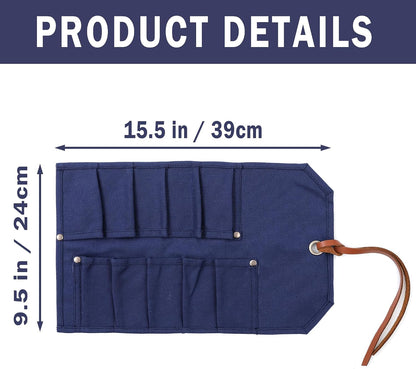 Multi-Function Chisel Roll, Heavy Duty 16oz Waxed Canvas Tool Storage Bag, Sturdy Tool Carrier with 10 Slots for Chisel Wrench Screwdriver | Dark Green
