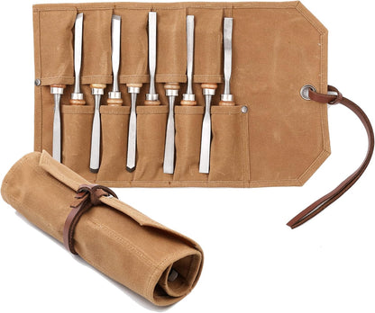Multi-Function Chisel Roll, Heavy Duty 16oz Waxed Canvas Tool Storage Bag, Sturdy Tool Carrier with 10 Slots for Chisel Wrench Screwdriver | Dark Green