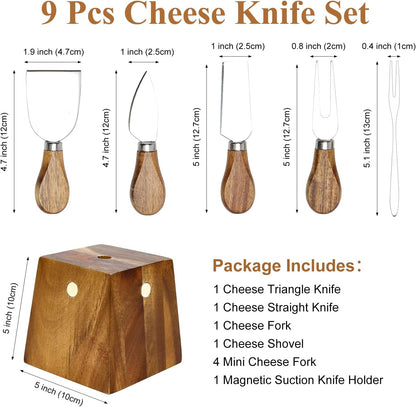 9 Pack Cheese Knives with Holder Acacia Wood Charcuterie Board Accessories