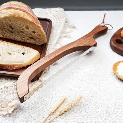 Bread Knife, Bow Bread Knife for Homemade Bread, Sourdough Bread Slicer for Homemade Bread, Sourdough Bread Cutter, Wooden Bread Knife with Cover - Premium Stainless Steel