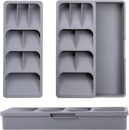 Silverware Drawer Organizer with Expandable Tray for Kitchen Drawer, Adjustable Compact Plastic Kitchen Utensil Storage for Spoons Forks Knives Easy to Access & Save Space