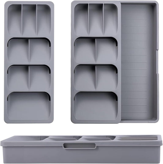 Silverware Drawer Organizer with Expandable Tray for Kitchen Drawer, Adjustable Compact Plastic Kitchen Utensil Storage for Spoons Forks Knives Easy to Access & Save Space