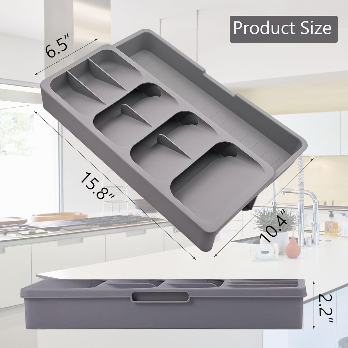 Silverware Drawer Organizer with Expandable Tray for Kitchen Drawer, Adjustable Compact Plastic Kitchen Utensil Storage for Spoons Forks Knives Easy to Access & Save Space