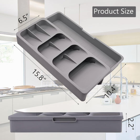 Silverware Drawer Organizer with Expandable Tray for Kitchen Drawer, Adjustable Compact Plastic Kitchen Utensil Storage for Spoons Forks Knives Easy to Access & Save Space