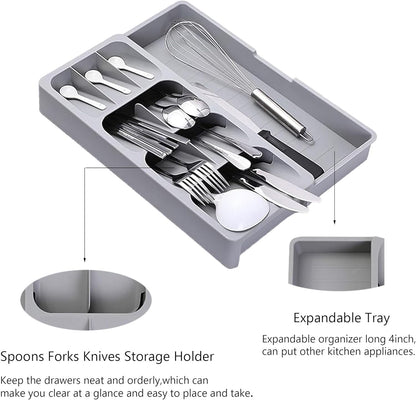 Silverware Drawer Organizer with Expandable Tray for Kitchen Drawer, Adjustable Compact Plastic Kitchen Utensil Storage for Spoons Forks Knives Easy to Access & Save Space