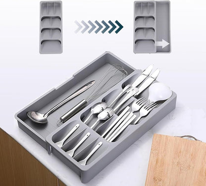Silverware Drawer Organizer with Expandable Tray for Kitchen Drawer, Adjustable Compact Plastic Kitchen Utensil Storage for Spoons Forks Knives Easy to Access & Save Space