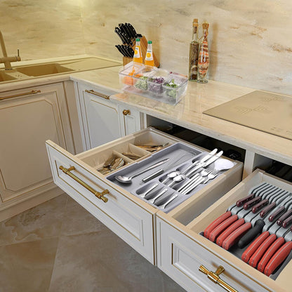 Silverware Drawer Organizer with Expandable Tray for Kitchen Drawer, Adjustable Compact Plastic Kitchen Utensil Storage for Spoons Forks Knives Easy to Access & Save Space