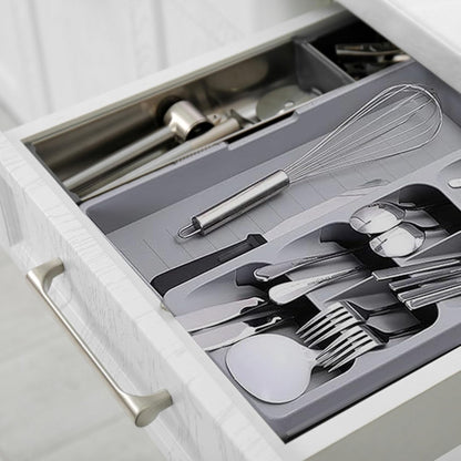 Silverware Drawer Organizer with Expandable Tray for Kitchen Drawer, Adjustable Compact Plastic Kitchen Utensil Storage for Spoons Forks Knives Easy to Access & Save Space