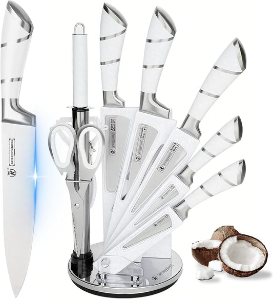 Kitchen Knife Set, 9 Piece Knife Set with Block, with Sharpener, High Carbon Stainless Steel Accessories for Kitchen, Rust Proof, Non-Stick Coated, Ergonomic Hollow Horseshoe-shaped Handle
