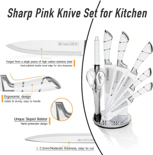Kitchen Knife Set, 9 Piece Knife Set with Block, with Sharpener, High Carbon Stainless Steel Accessories for Kitchen, Rust Proof, Non-Stick Coated, Ergonomic Hollow Horseshoe-shaped Handle