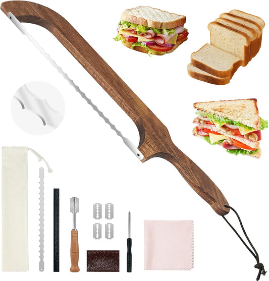 Wooden Bread Bow Knife for Homemade Bread,16” Serrated Sourdough Knife Slicer, Double Serrated Bread Knife for Bread,Bagels,Fruits, Baguettes for Left and Right Hand Use(12pcs)