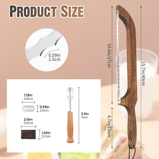 Wooden Bread Bow Knife for Homemade Bread,16” Serrated Sourdough Knife Slicer, Double Serrated Bread Knife for Bread,Bagels,Fruits, Baguettes for Left and Right Hand Use(12pcs)