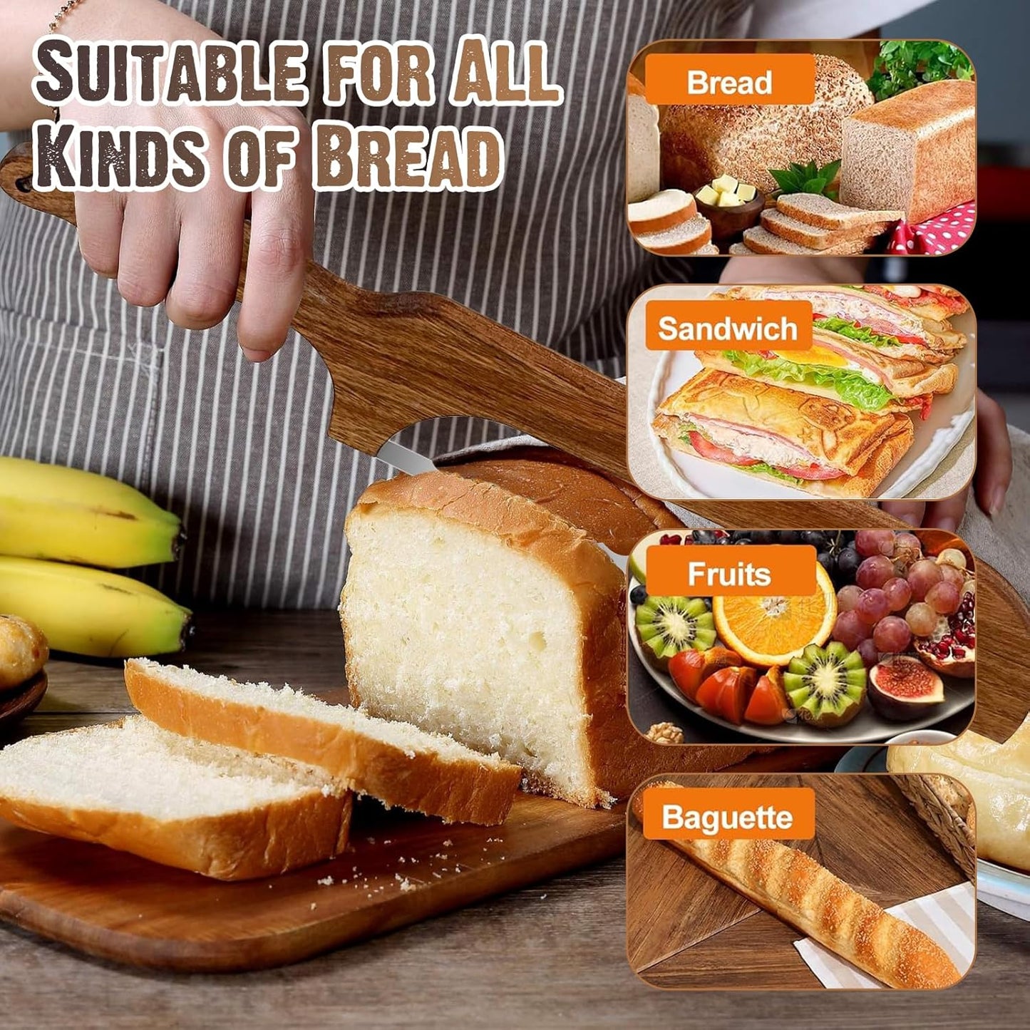 Wooden Bread Bow Knife for Homemade Bread,16” Serrated Sourdough Knife Slicer, Double Serrated Bread Knife for Bread,Bagels,Fruits, Baguettes for Left and Right Hand Use(12pcs)