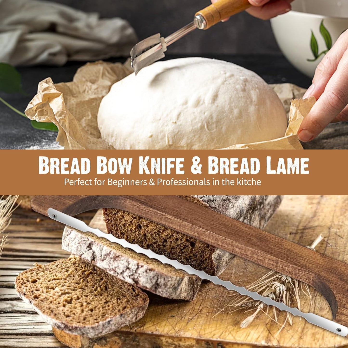 Wooden Bread Bow Knife for Homemade Bread,16” Serrated Sourdough Knife Slicer, Double Serrated Bread Knife for Bread,Bagels,Fruits, Baguettes for Left and Right Hand Use(12pcs)