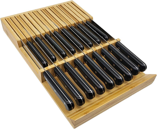 Natural Bamboo In-Drawer Knife Block, 17 Slot Large Capacity Knives Organizer, Upper and Lower Kitchen Steak Knife Storage Rack - Holds 8 Short + 9 Long Knives
