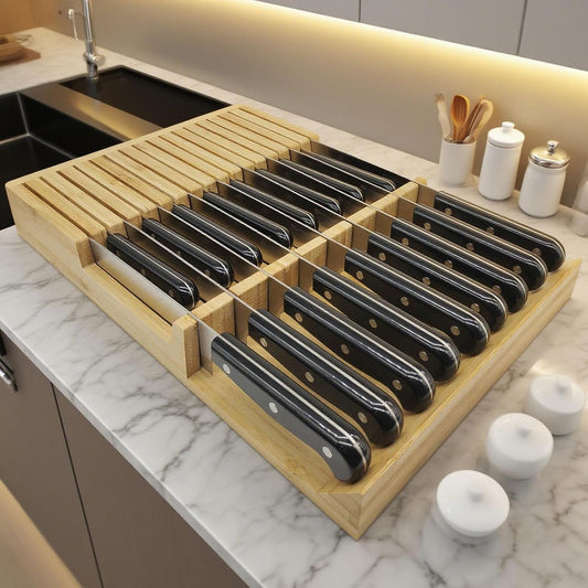 Natural Bamboo In-Drawer Knife Block, 17 Slot Large Capacity Knives Organizer, Upper and Lower Kitchen Steak Knife Storage Rack - Holds 8 Short + 9 Long Knives