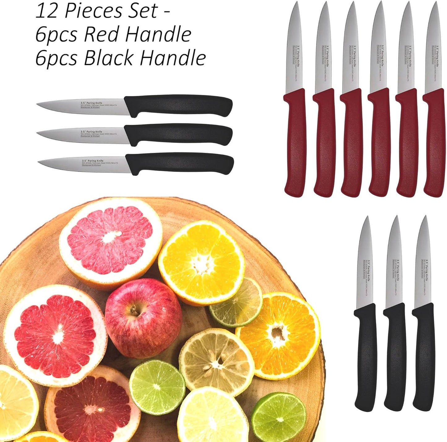 Paring Knife Set, 12 Pieces Utility Knives - MATTSTONE HILL Commercial-Grade Small Kitchen Knife, German Steel Blade, Restaurant Industry Utility Knife 12-Piece Set, Black & Red Handle