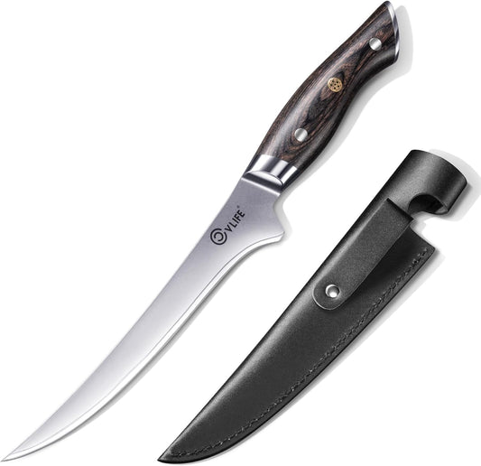 Fillet Knife with Leather Sheath, 7.2" Razor Sharp 10Cr15Mov Steel Blade, Ergonomic Pakkawood Handle for Fish, Meat & Poultry Filleting, Ideal for Fishing Boning, Kitchen & Daily Use
