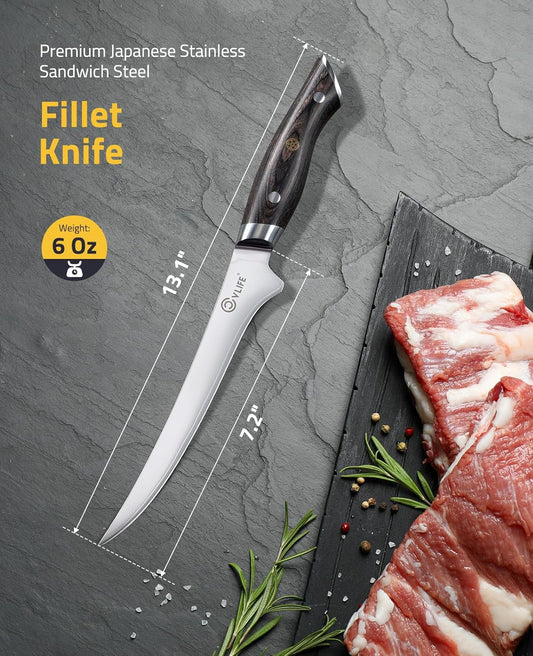 Fillet Knife with Leather Sheath, 7.2" Razor Sharp 10Cr15Mov Steel Blade, Ergonomic Pakkawood Handle for Fish, Meat & Poultry Filleting, Ideal for Fishing Boning, Kitchen & Daily Use