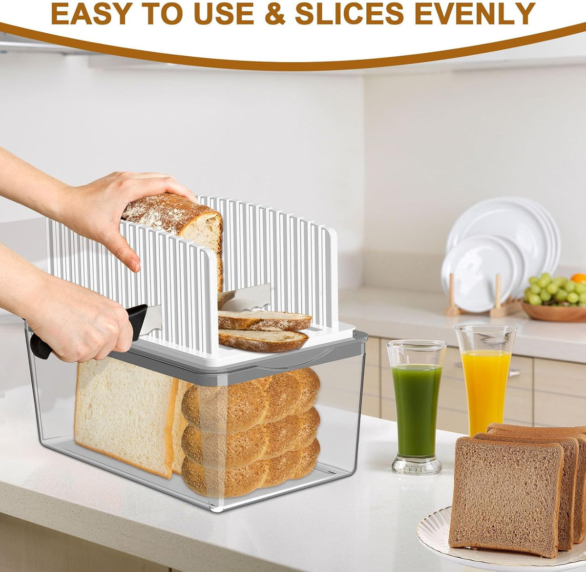 Adjustable Width Bread Slicer for Homemade Bread with Bread Box | Bread Slicing Guide Foldable and Compact Cutting Guide with Crumb Tray Suitability for Homemade Bread Bagels Cakes
