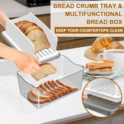 Adjustable Width Bread Slicer for Homemade Bread with Bread Box | Bread Slicing Guide Foldable and Compact Cutting Guide with Crumb Tray Suitability for Homemade Bread Bagels Cakes