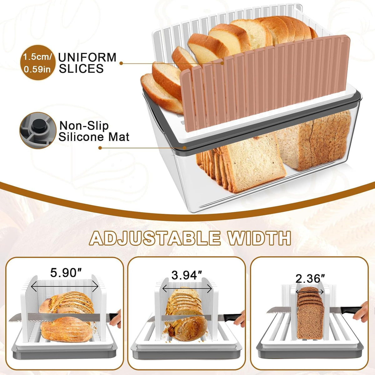 Adjustable Width Bread Slicer for Homemade Bread with Bread Box | Bread Slicing Guide Foldable and Compact Cutting Guide with Crumb Tray Suitability for Homemade Bread Bagels Cakes